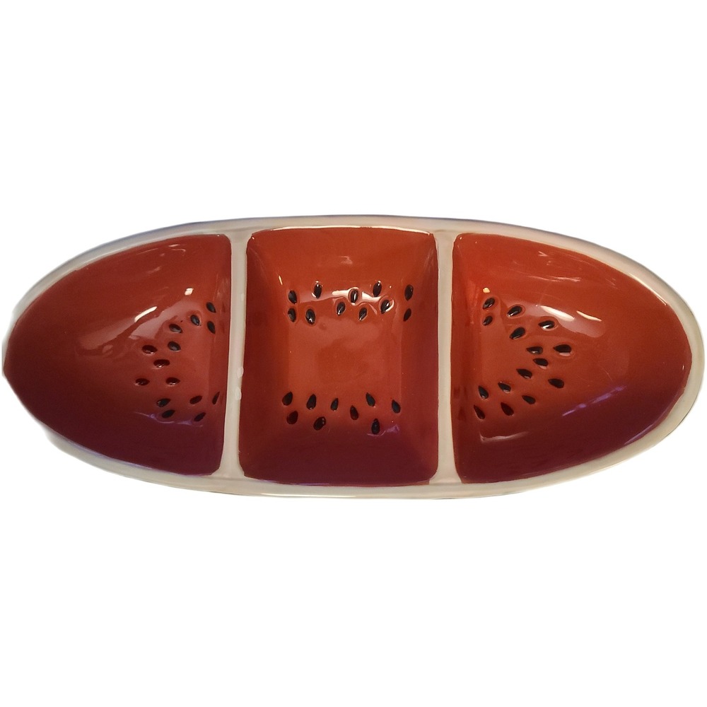 Watermelon Ceramic Divided Serving Dish Tray Red Green 3 Section
